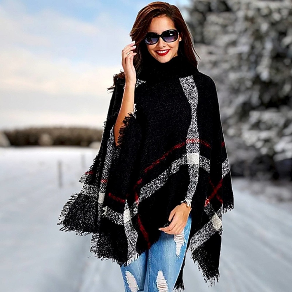 Black Plaid Turtle Neck Sweater Poncho